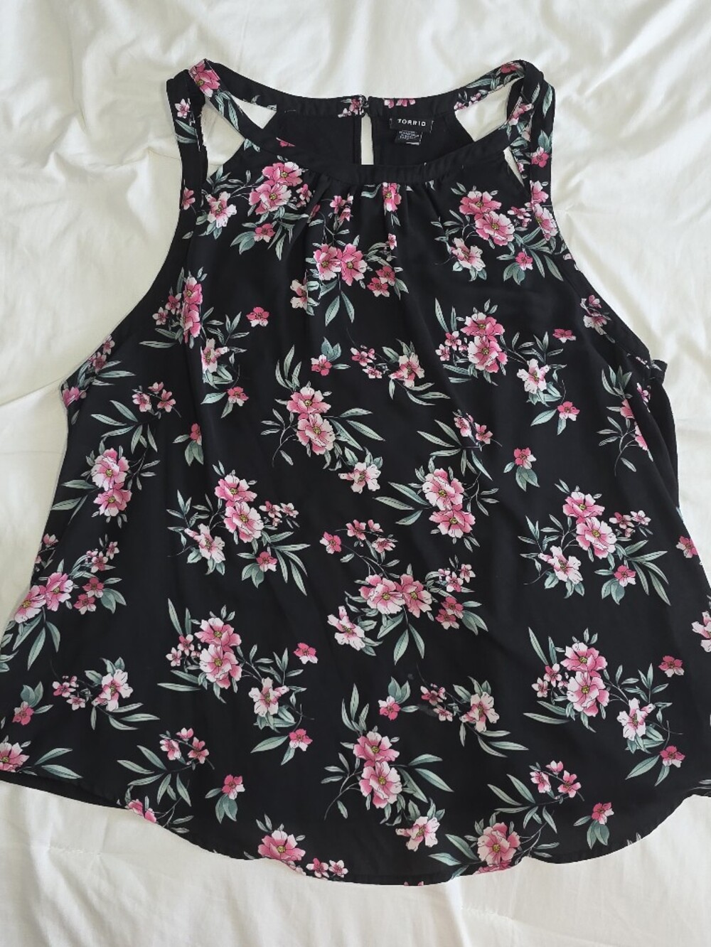 torrid Black Floral Halter Tank with Pink Blooms